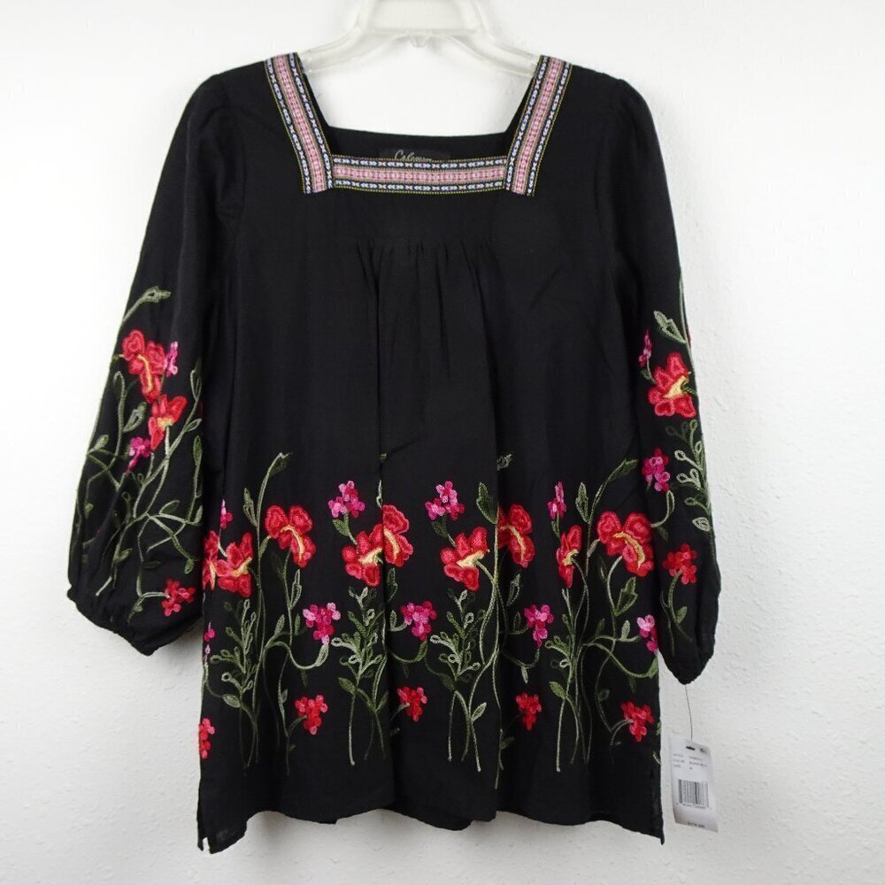Calessa Embroidered Tunic Top Women's Size M Black Baby Doll Flowy Lined Boho